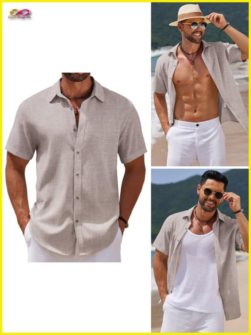 Men's Casual Button Down Short Sleeve Linen Texture Shirt